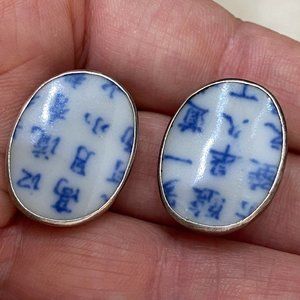 Blue and White Chinese antique porcelain earrings, Clip-on,  Sterling silver 925